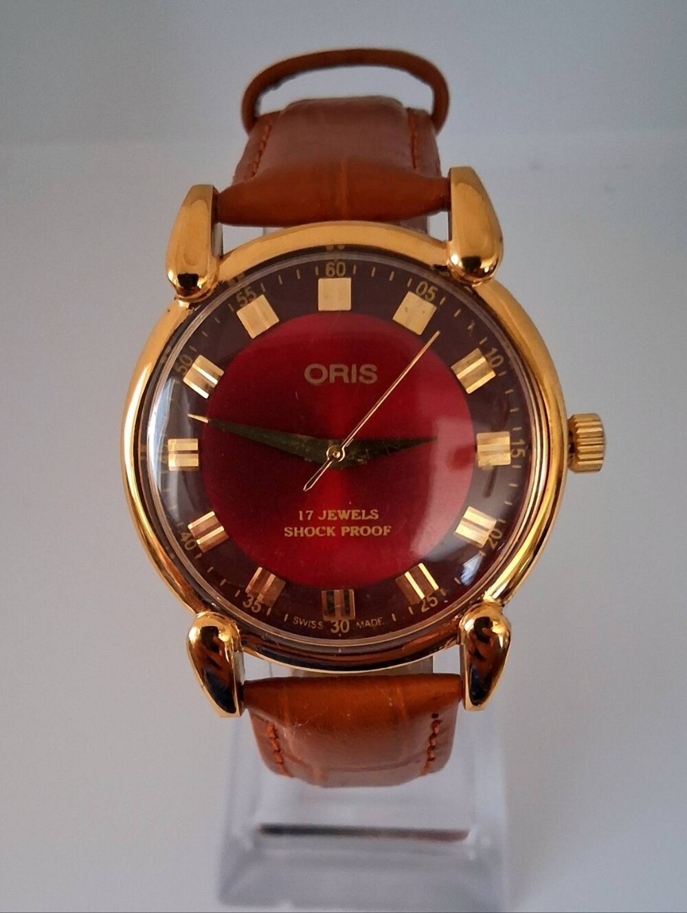 Oris Gold-Tone Case Red Dial Brown Leather Strap Watch